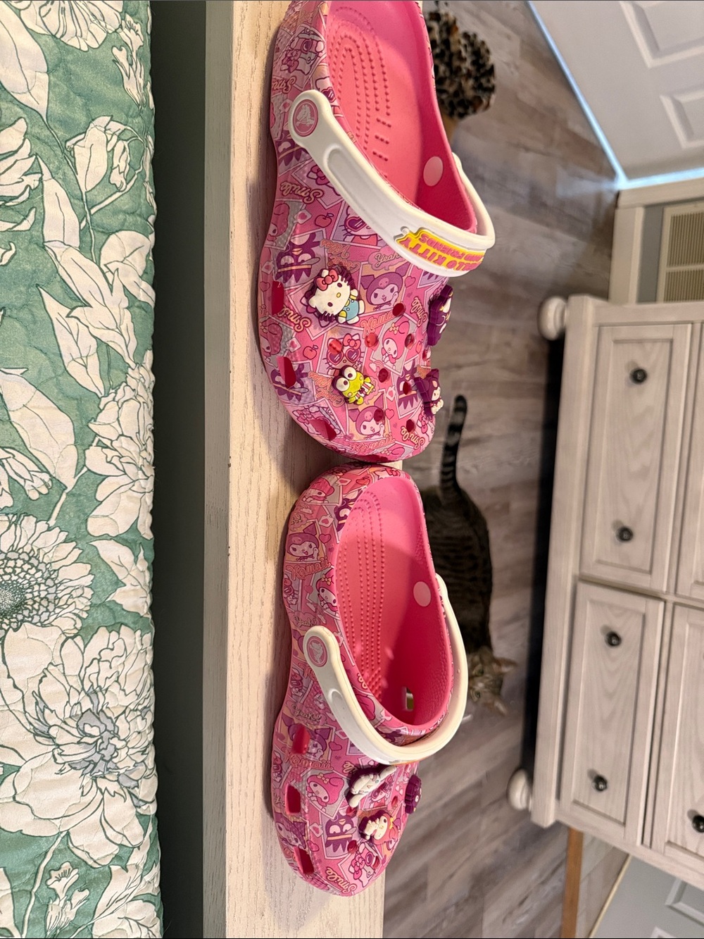 Hello Kitty Pink Patterned Crocs Sandals with White Heel Strap